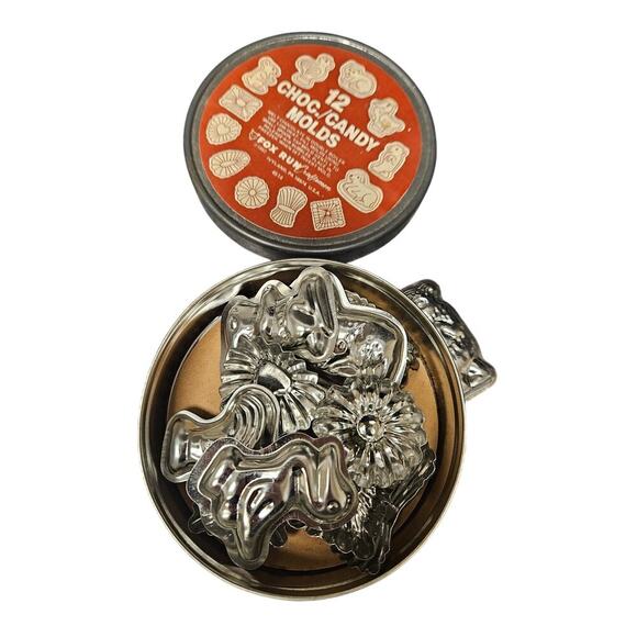 Vintage 9 Miniature Chocolate Candy Molds Fox Run Craftsman 1982 Original Tin - Picture 2 of 3